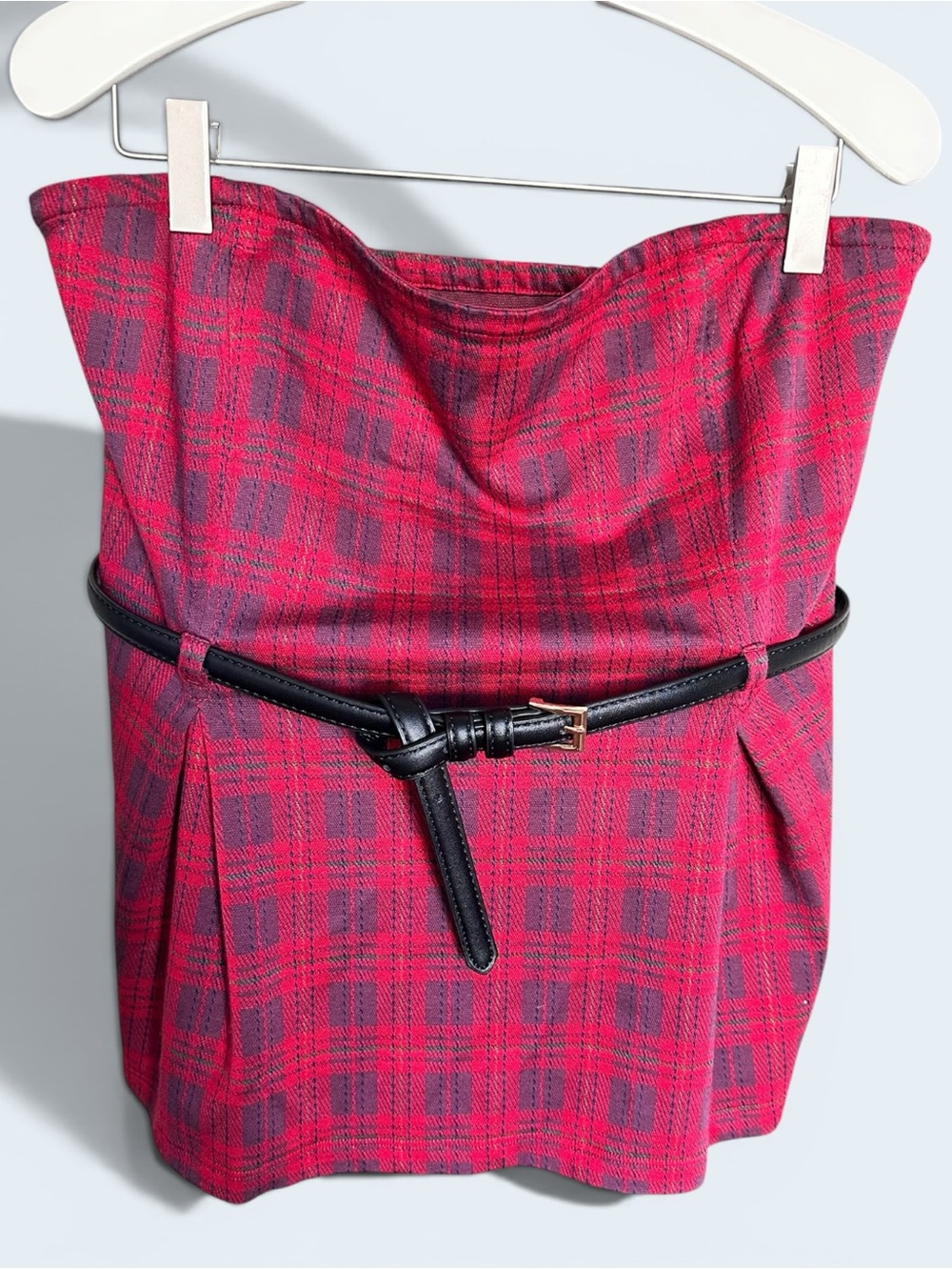 Maeve by Anthropologie Tartan Plaid Strapless Belted Peplum Blouse Red